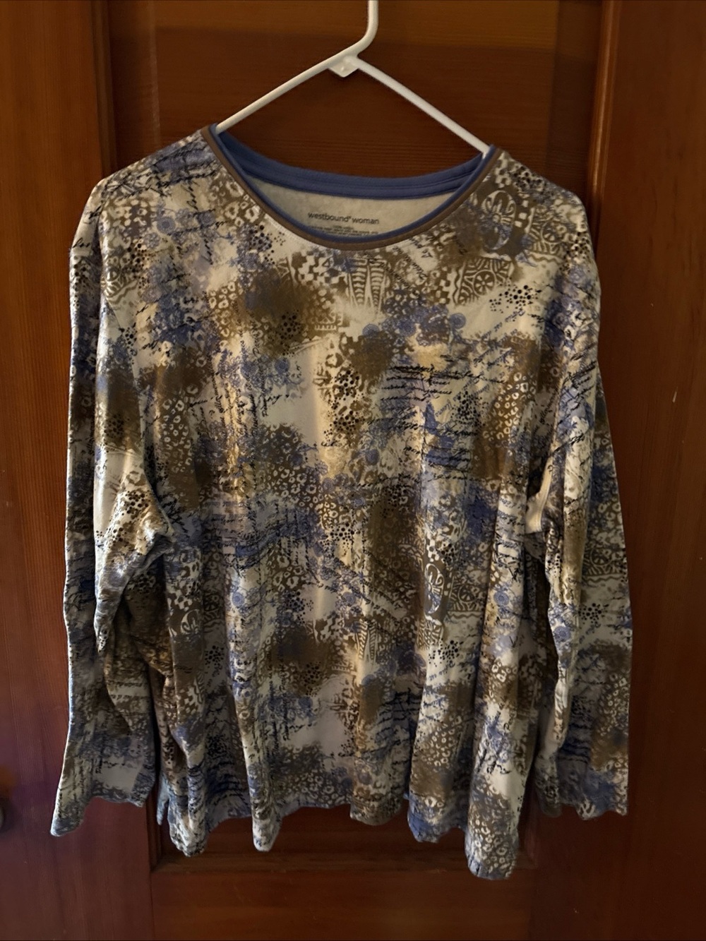 Westbound Blue and Brown Abstract Print Long-Sleeve Tee